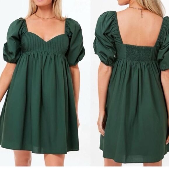 Hyacinth House Tuckernuck Sasha Mini Emerald Green Puff Sleeve Babydoll dress M - Picture 2 of 8
